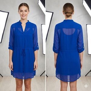 RNB Royal Blue Chiffon Sheer Roll Tab Sleeve Drawstring Tunics Shirt Dress Sz S